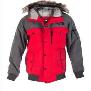 Red and gray. The North Face TNF Down Jacket.